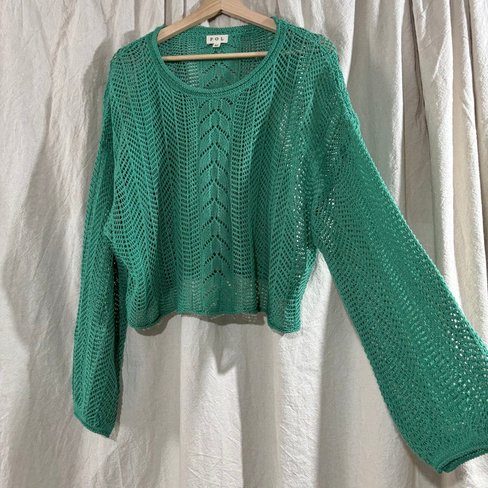 POL Teal Green Crochet Open Knit Sweater Womens Medium UST116 Boho Cropped Mesh